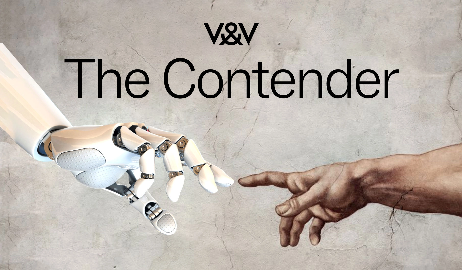 An image of a robotic and human hand touching with the words "The Contender"