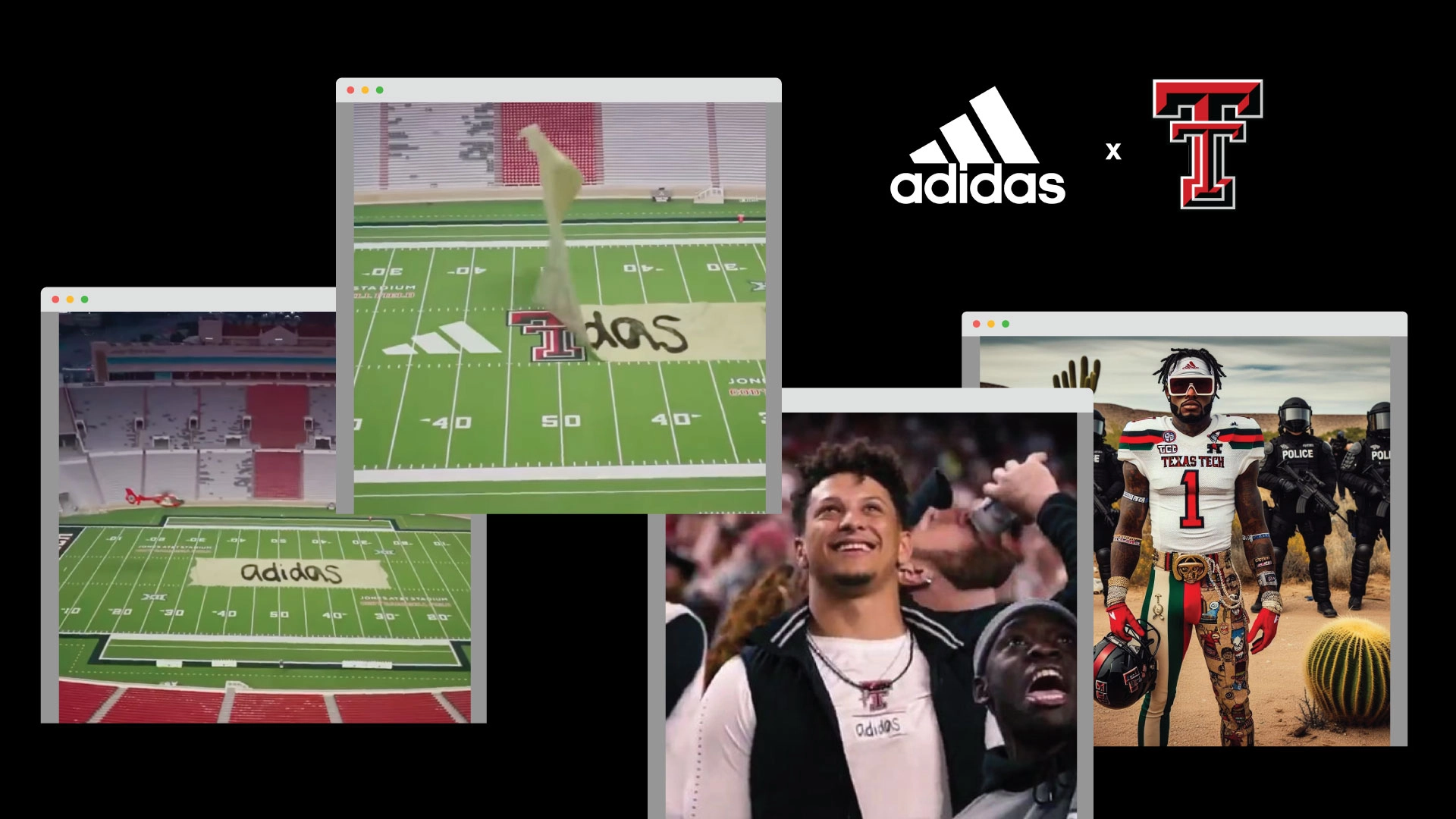 Images of the Adidas sticker over center field, the Adidas sticker being ripped off to reveal the Adidas logo, Patrick Mahomes with the Adidas sticker over the Under Armour sticker and a Texas Tech player in their new uniform