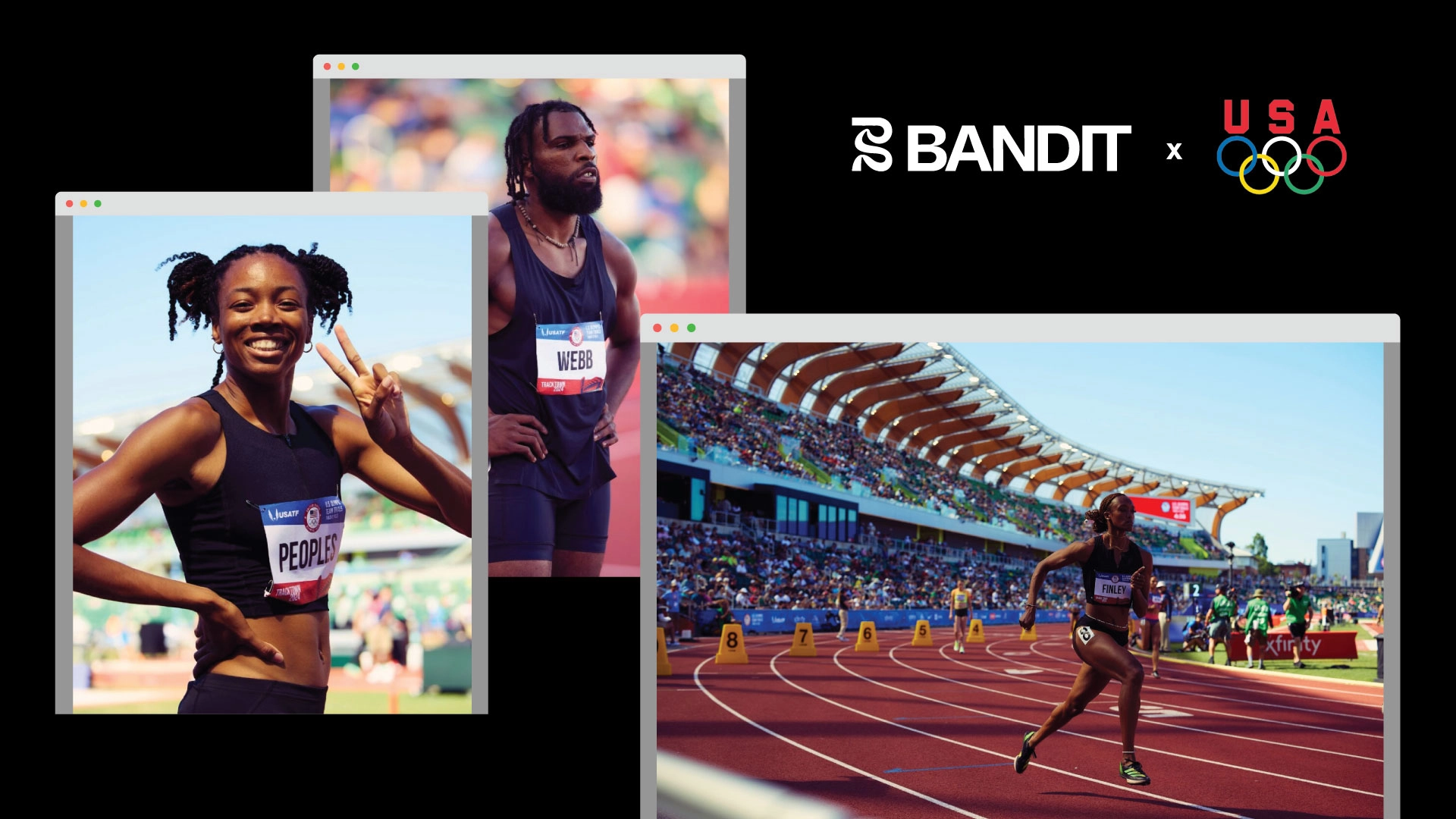 Photos of athletes in all-black Bandit outfits