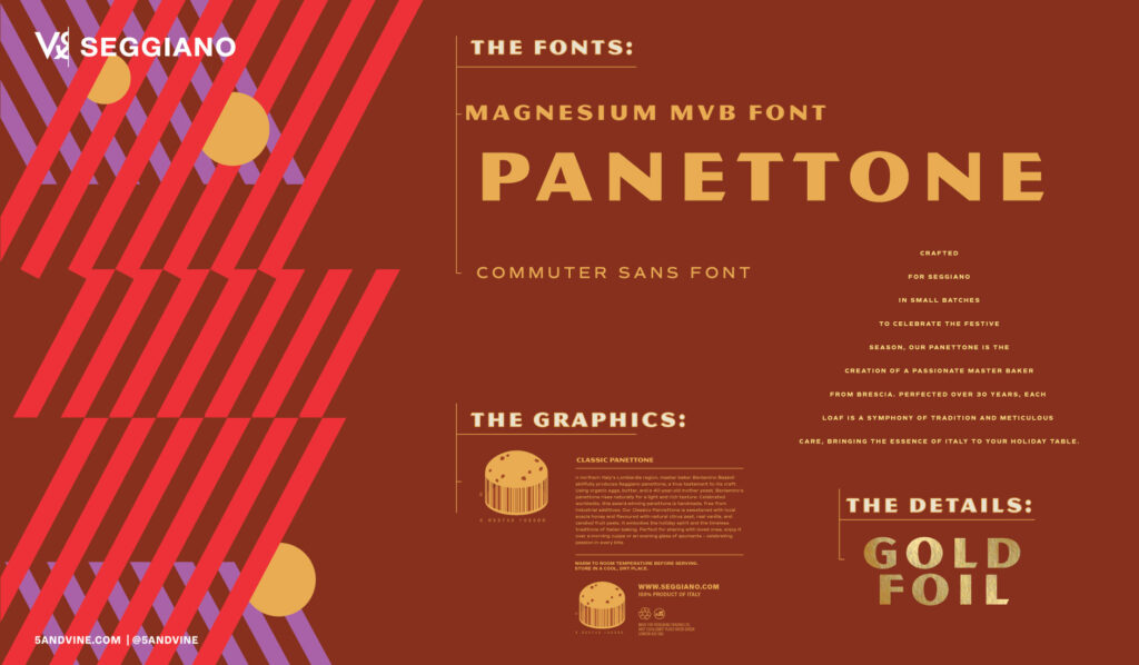 Seggiano Panettone Brand Elements including font, graphics, and foils